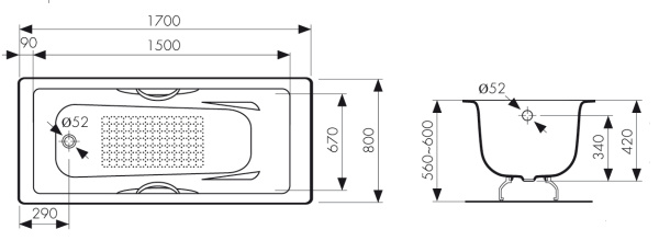 КВ-1705  Ванна KAISER чугунная с антискользящим покрытием