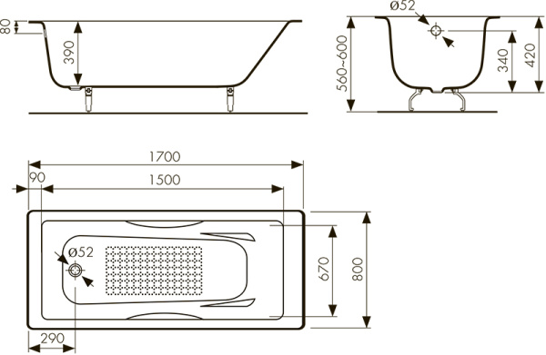 КВ-1706  Ванна KAISER чугунная с антискользящим покрытием