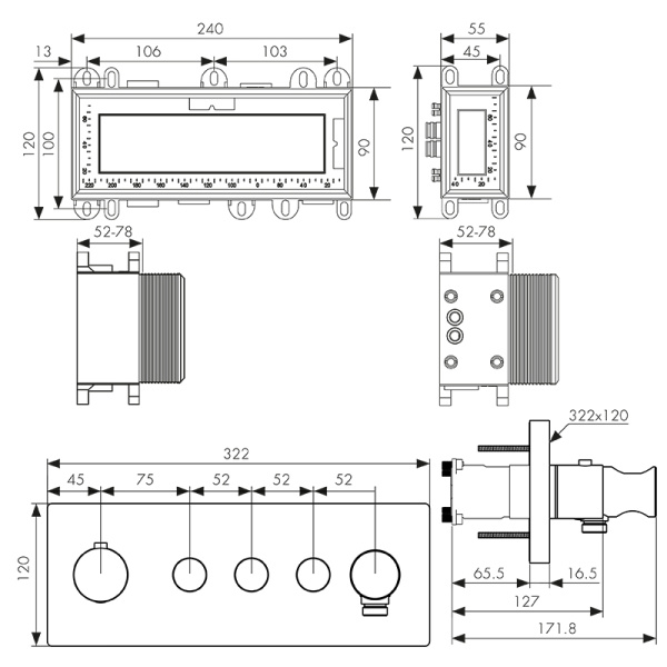 08677 Смеситель KAISER Sano скрытого монтажа с термостатом, 3-х режимный